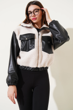 Deri Garnili Cepli Peluş Mont Siyah T1253 (Beden: Xl)