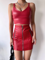 Üç Fermuarlı Deri Etek Bordo S24510 (Beden: M)