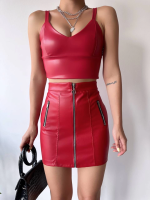 Üç Fermuarlı Deri Etek Bordo S24510 (Beden: M) - Görsel 4