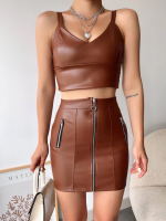 Üç Fermuarlı Deri Etek Kahve S24510 (Beden: S) - Görsel 2