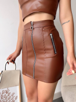 Üç Fermuarlı Deri Etek Kahve S24510 (Beden: M) - Görsel 4