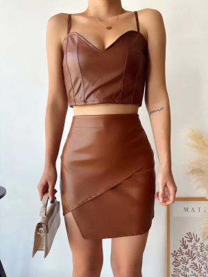 Kapaklı Asimetrik Model Deri Etek Kahve S240106 (Beden: S)