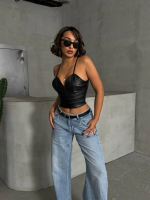 İp Askılı Yandan Fermuarlı Rastale Deri Crop Siyah S24113 (Beden: S) - Görsel 7