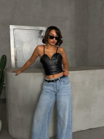 İp Askılı Yandan Fermuarlı Rastale Deri Crop Siyah S24113 (Beden: M) - Görsel 2