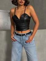 İp Askılı Yandan Fermuarlı Rastale Deri Crop Siyah S24113 (Beden: M)