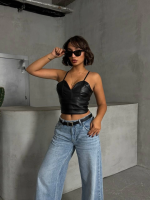 İp Askılı Yandan Fermuarlı Rastale Deri Crop Siyah S24113 (Beden: M) - Görsel 3