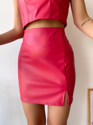 Tek Yırtmaçlı Arkadan Fermuarlı Deri Etek Fuşya S24475 (Beden: M)