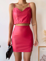 Tek Yırtmaçlı Arkadan Fermuarlı Deri Etek Fuşya S24475 (Beden: M) - Görsel 4