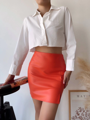 Tek Yırtmaçlı Arkadan Fermuarlı Deri Etek Turuncu S24475 (Beden: M)