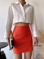 Tek Yırtmaçlı Arkadan Fermuarlı Deri Etek Turuncu S24475 (Beden: M) - Görsel 4