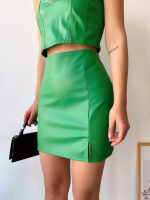 Tek Yırtmaçlı Arkadan Fermuarlı Deri Etek Yeşil S24475 (Beden: M) - Görsel 4