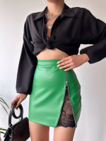 Dantelli Fermuarlı Deri Etek Yeşil W24598 (Beden: S)