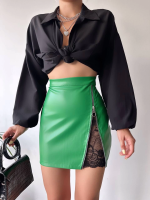 Dantelli Fermuarlı Deri Etek Yeşil W24598 (Beden: S) - Görsel 4