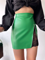 Dantelli Fermuarlı Deri Etek Yeşil W24598 (Beden: L) - Görsel 3