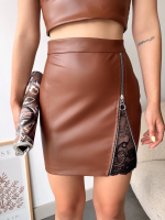 Dantelli Fermuarlı Deri Etek Kahve W24598 (Beden: S) - Görsel 3