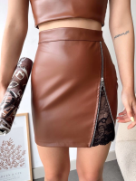 Dantelli Fermuarlı Deri Etek Kahve W24598 (Beden: M) - Görsel 4