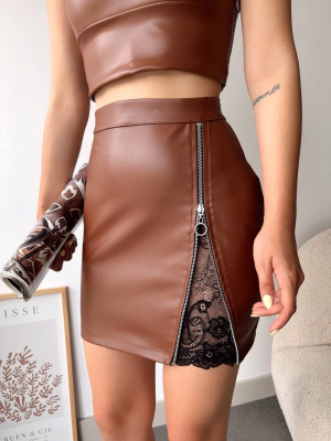 Dantelli Fermuarlı Deri Etek Kahve W24598 (Beden: M)