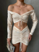 Büzgülü Etek Bluz Takım Bej S24709 (Beden: S) - Görsel 2