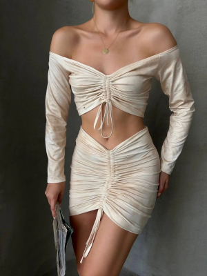 Büzgülü Etek Bluz Takım Bej S24709 (Beden: M)