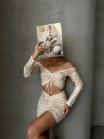 Büzgülü Etek Bluz Takım Bej S24709 (Beden: M) - Görsel 3