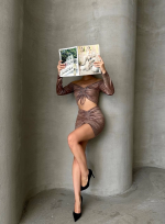 Büzgülü Etek Bluz Takım Kahve S24709 (Beden: L) - Görsel 5