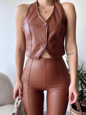 İki Düğmeli Deri Yelek Kahve S243001 (Beden: S)