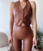 İki Düğmeli Deri Yelek Kahve S243001 (Beden: L)