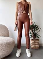 İki Düğmeli Deri Yelek Kahve S243001 (Beden: L) - Görsel 2