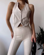 İki Düğmeli Deri Yelek Krem S243001 (Beden: S)