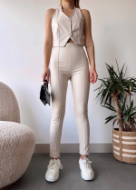 İki Düğmeli Deri Yelek Krem S243001 (Beden: S) - Görsel 3