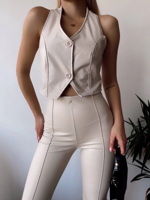 İki Düğmeli Deri Yelek Krem S243001 (Beden: L)