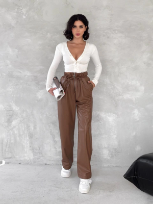 Kendinden İnce Kemerli Deri Pantolon Kahve T1178 (Beden: Xl)