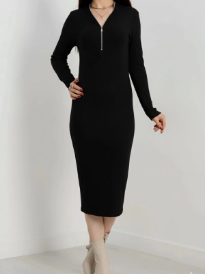 Fermuar Detaylı Fitilli Şardonlu Elbise Siyah A3178 (Beden: Standart)