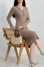 Fermuar Detaylı Fitilli Şardonlu Elbise Bej A3178 (Beden: Standart) - Görsel 4