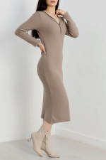 Fermuar Detaylı Fitilli Şardonlu Elbise Bej A3178 (Beden: Standart) - Görsel 3