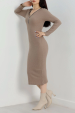Fermuar Detaylı Fitilli Şardonlu Elbise Bej A3178 (Beden: Standart) - Görsel 6