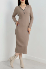 Fermuar Detaylı Fitilli Şardonlu Elbise Bej A3178 (Beden: Standart) - Görsel 2
