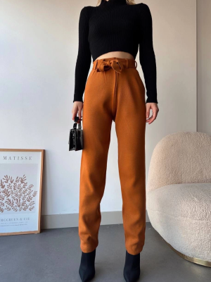 Kendinden Kemerli Triko Pantolon Camel (Beden: Standart)