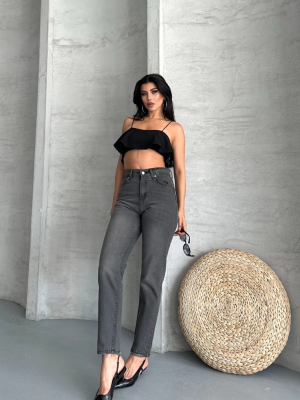 Mom Fit Enzim Taş Yıkama Jeans Pantolon Füme D2006 (Beden: 36)