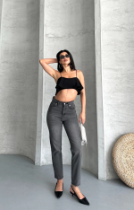 Mom Fit Enzim Taş Yıkama Jeans Pantolon Füme D2006 (Beden: 38) - Görsel 3