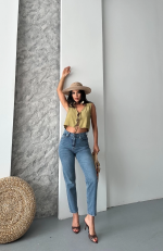Mom Fit Bıyık Kar Yıkama Jeans Pantolon Koyu Mavi D2006 (Beden: 36)