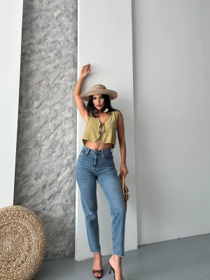 Mom Fit Bıyık Kar Yıkama Jeans Pantolon Koyu Mavi D2006 (Beden: 36)