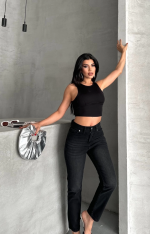 Mom Fit Enzim Bıyıklı Taş Yıkama Jeans Pantolon Siyah D2006 (Beden: 38) - Görsel 4