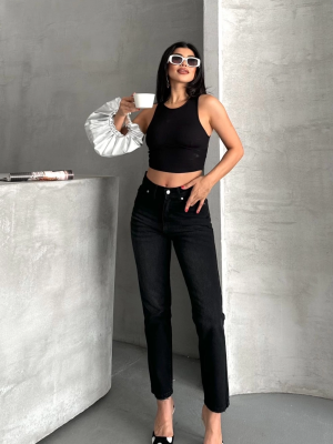 Mom Fit Enzim Bıyıklı Taş Yıkama Jeans Pantolon Siyah D2006 (Beden: 40)