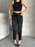 Mom Fit Enzim Bıyıklı Taş Yıkama Jeans Pantolon Siyah D2006 (Beden: 40) - Görsel 5