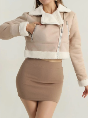 İçi Kürklü Dışı Süet Kısa Kaban Bej T1186 (Beden: Xl)