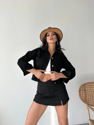 Çift Cepli Kol Katlamalı Süper Taş Enzim Yıkamalı Crop Kot Ceket Siyah D2000 (Beden: S)