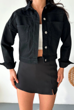 Çift Cepli Kol Katlamalı Süper Taş Enzim Yıkamalı Crop Kot Ceket Siyah D2000 (Beden: S) - Görsel 3