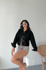 Çift Cepli Kol Katlamalı Süper Taş Enzim Yıkamalı Crop Kot Ceket Siyah D2000 (Beden: M) - Görsel 2