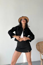 Çift Cepli Kol Katlamalı Süper Taş Enzim Yıkamalı Crop Kot Ceket Siyah D2000 (Beden: L)